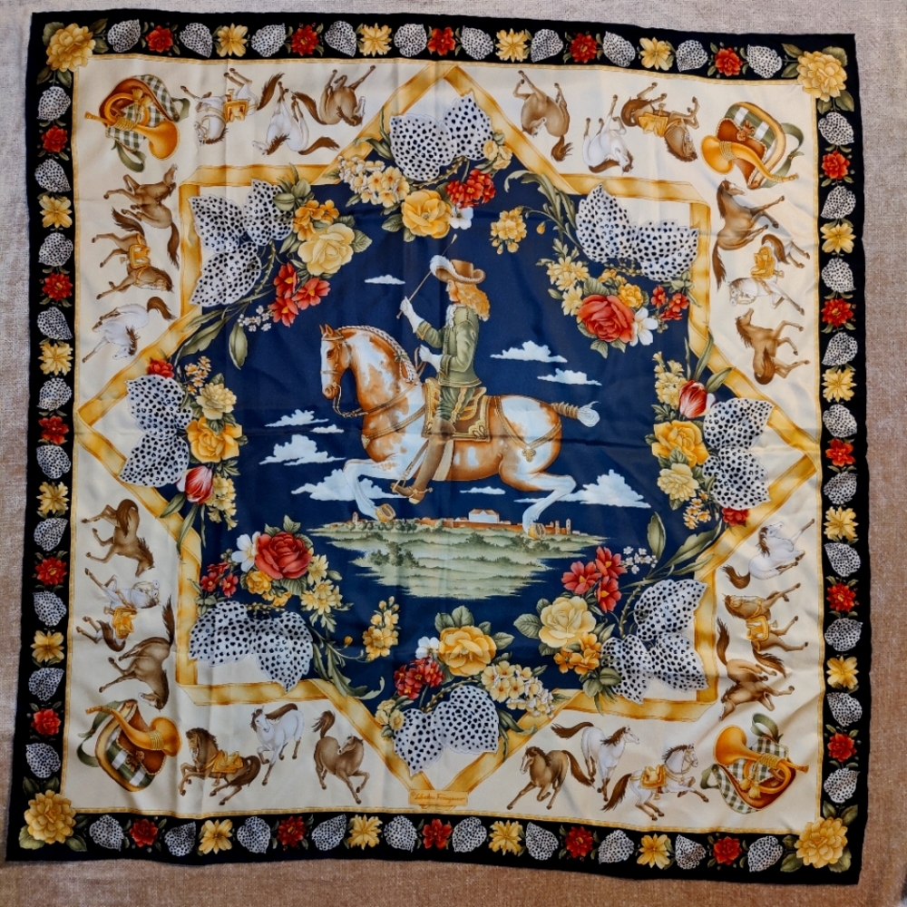 Vintage Salvatore Ferragamo Equestrian Silk Twill Square Scarf 34"x34"